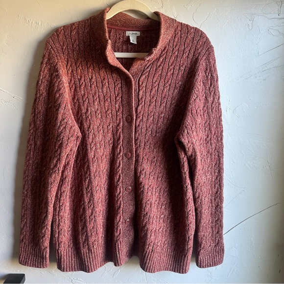 L.L. Bean Sweaters - LL Bean Long Cable Knit 100% Cotton Cardigan Heathered Red Sz M Fisherman Preppy